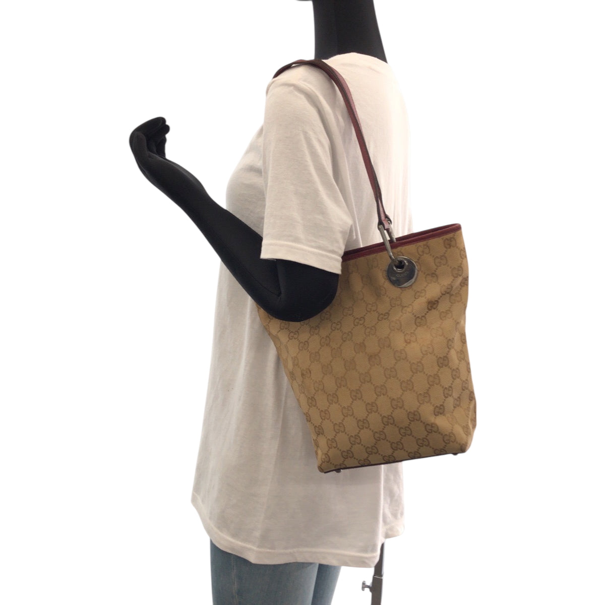 15909
GUCCI グッチ ベージュ レッド シルバー金具 GGキャンバス 120840 トートバッグ ハンドバッグ  レディース AB22