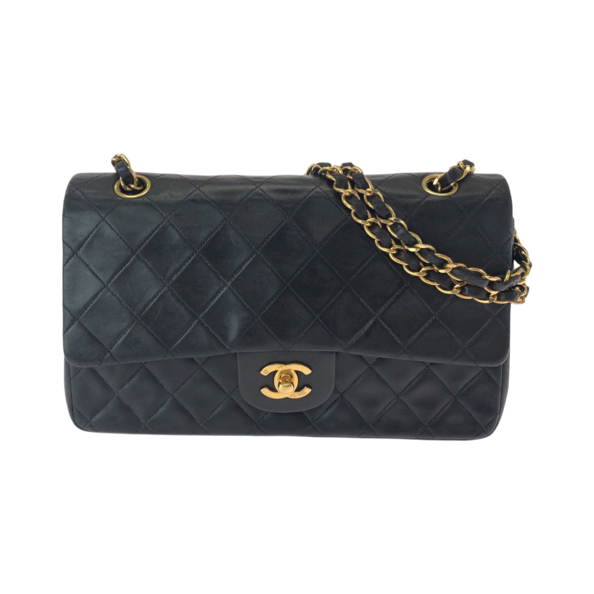 15919
 
CHANEL Vintage Matelasse Double Flap Coco Mark Turnlock Black Gold Hardware Lambskin Chain Shoulder Bag for Women