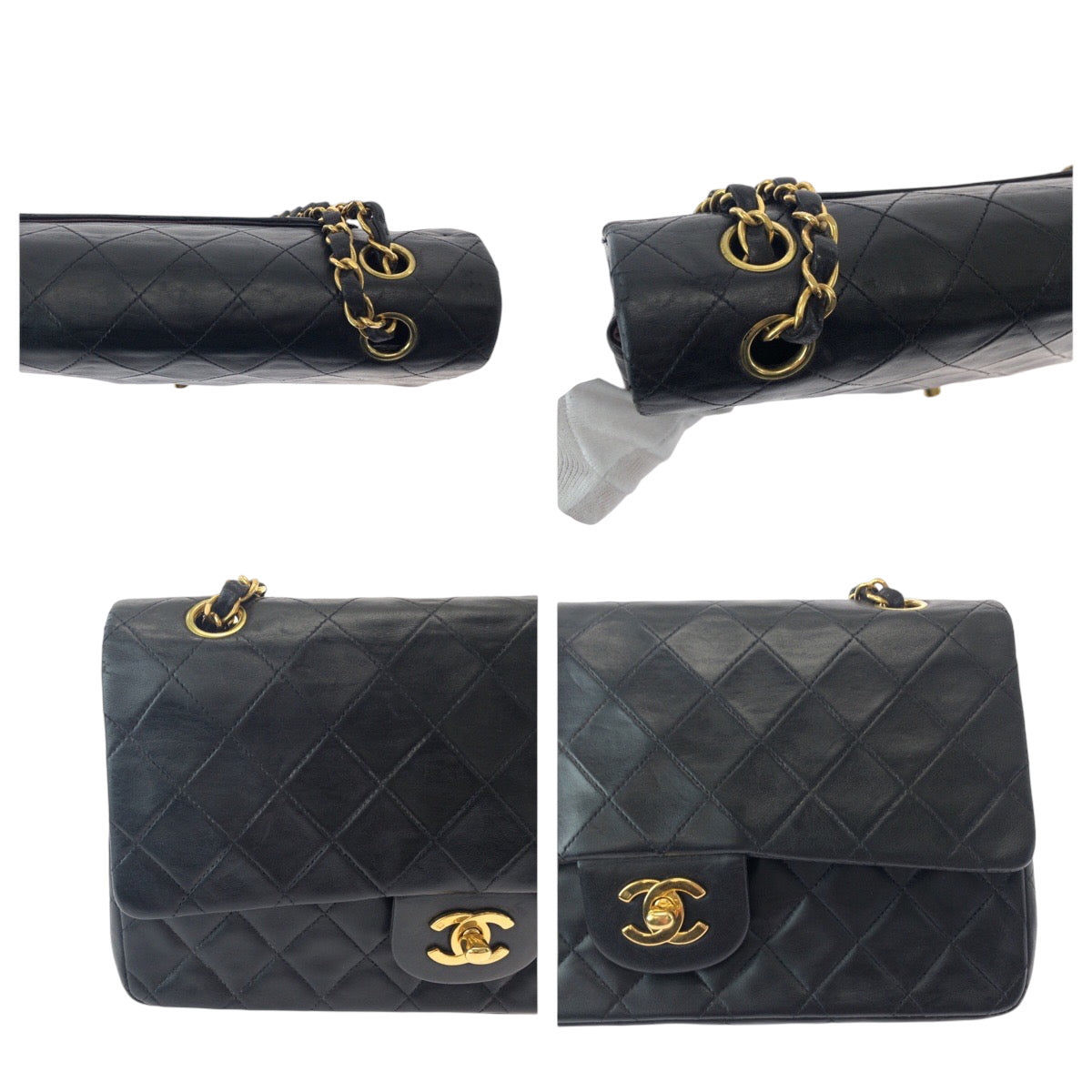 15919
 
CHANEL Vintage Matelasse Double Flap Coco Mark Turnlock Black Gold Hardware Lambskin Chain Shoulder Bag for Women