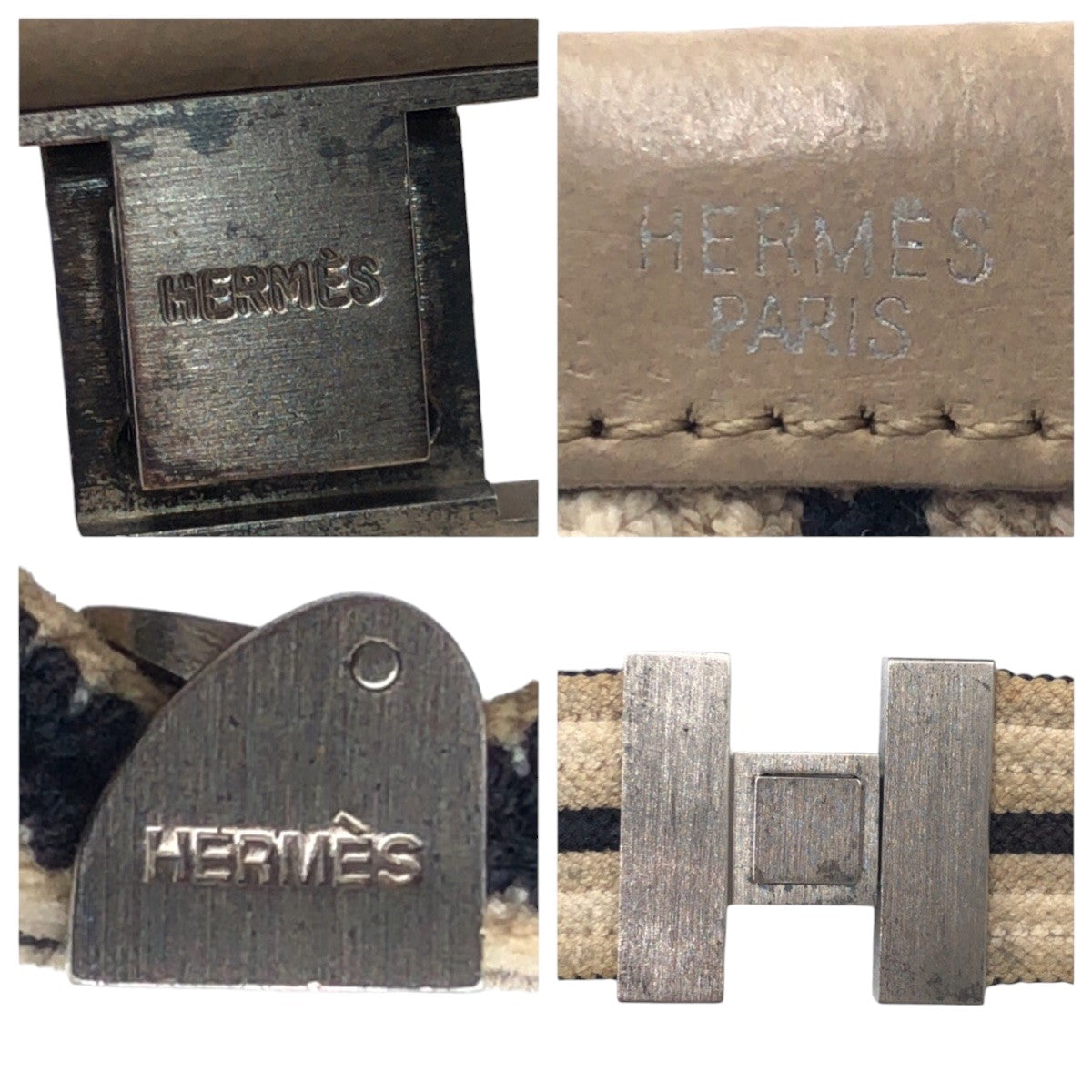 15935
HERMES エルメス ベージュ ネイビー 紺 シルバー金具 コットン ベルト 男女兼用  メンズ