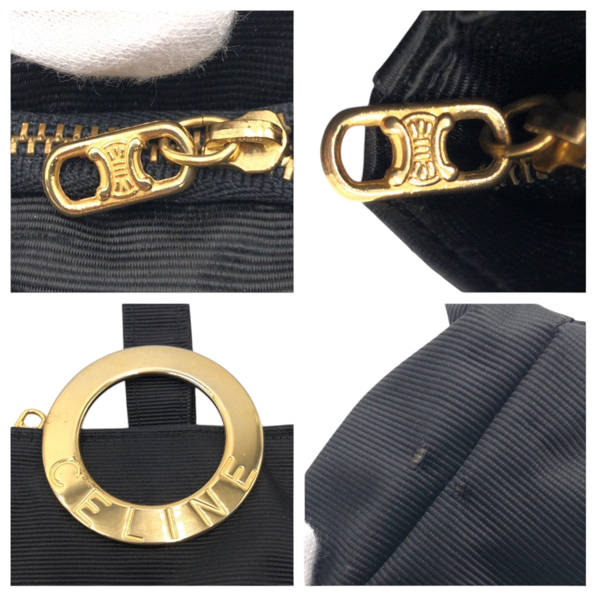 15957
CELINE セリーヌ サークルロゴ ブラック 黒 ゴールド コットン アクセサリーポーチ  レディース