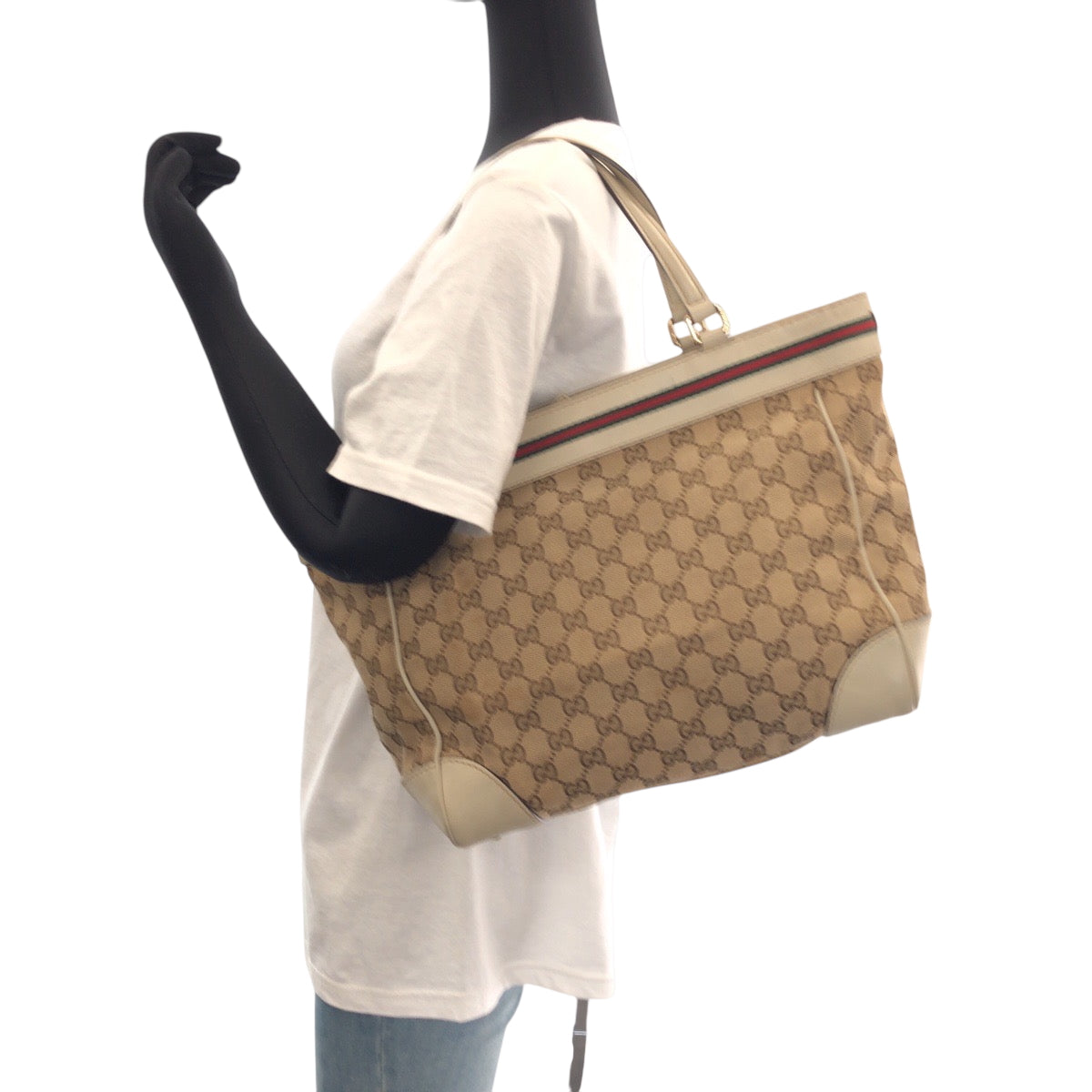 15975
GUCCI グッチ シェリーライン メイフェア リボン ベージュ アイボリー ゴールド金具 GGキャンバス 256071 トートバッグ ハンドバッグ  レディース