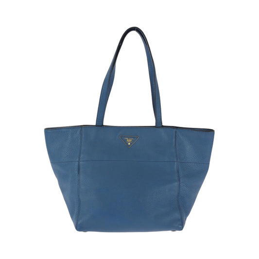 15980
 PRADA Vitello Dino Triangle Logo Plate Blue Gold Hardware Leather Tote Bag Handbag for Women