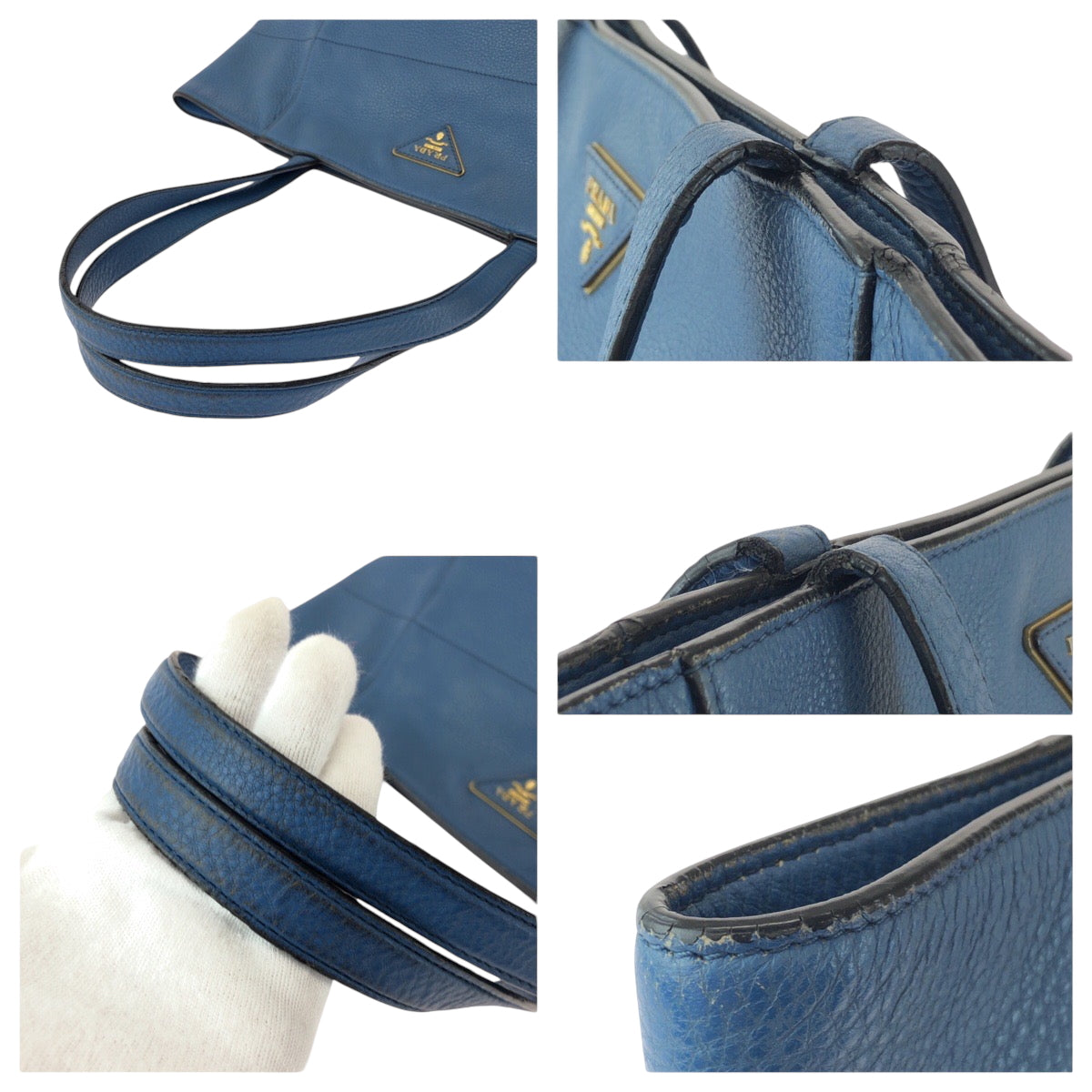 15980
PRADA プラダ ヴィッテロダイノ 三角ロゴプレート ブルー ゴールド金具 レザー トートバッグ ハンドバッグ  レディース ABP41