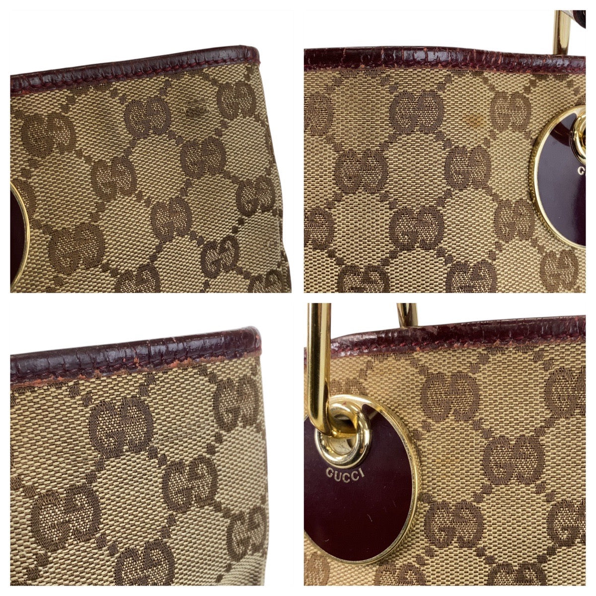 15983
GUCCI グッチ ベージュ ワインレッド ゴールド金具 GGキャンバス / レザー 120836 トートバッグ ショルダーバッグ  レディース