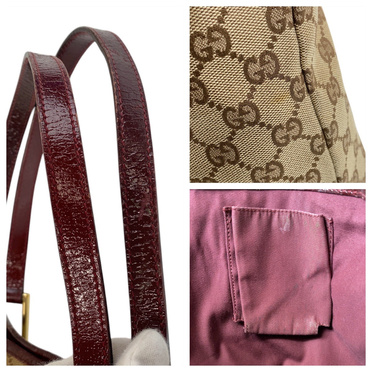 15983
GUCCI グッチ ベージュ ワインレッド ゴールド金具 GGキャンバス / レザー 120836 トートバッグ ショルダーバッグ  レディース