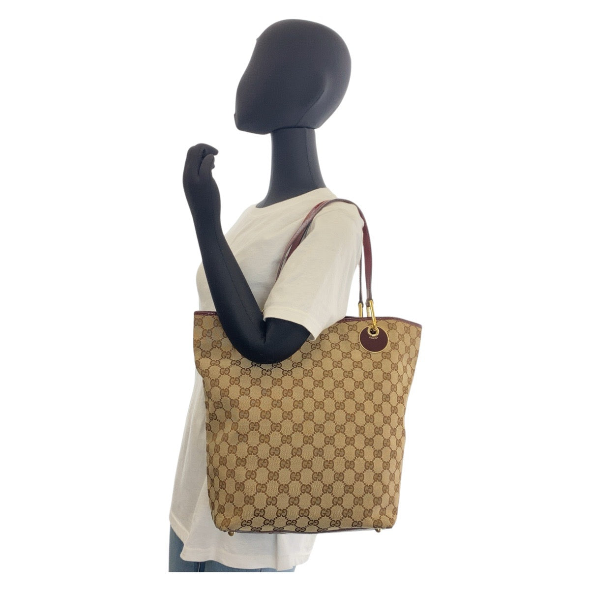 15983
GUCCI グッチ ベージュ ワインレッド ゴールド金具 GGキャンバス / レザー 120836 トートバッグ ショルダーバッグ  レディース