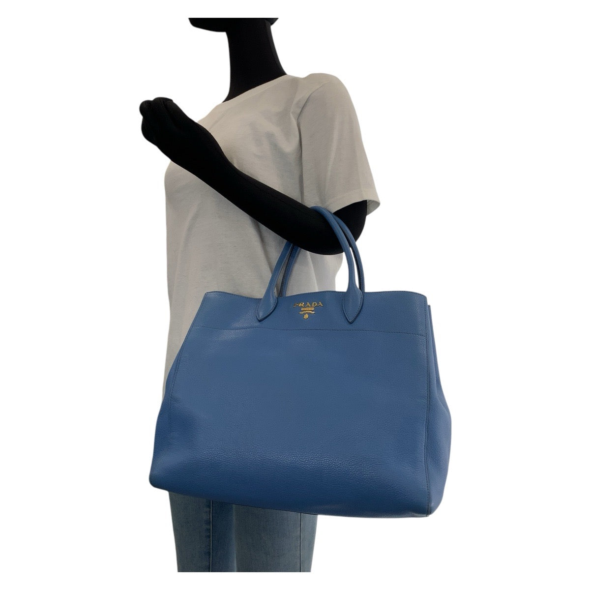 16024
 PRADA Vitello Dino Light Blue Gold Hardware Leather Tote Bag Shoulder Bag 2way Women's