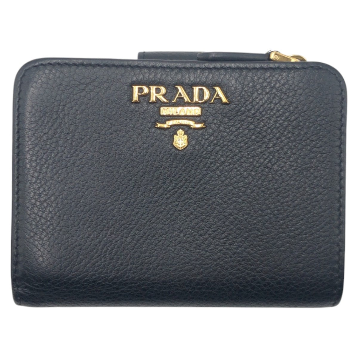 16034
PRADA プラダ ブラック 黒 ゴールド レザー 二つ折り財布 折財布 コンパクトウォレット  レディース