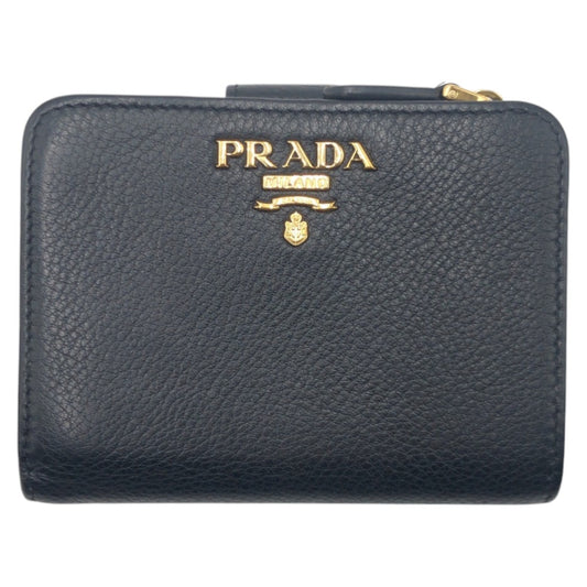 16034
PRADA プラダ ブラック 黒 ゴールド レザー 二つ折り財布 折財布 コンパクトウォレット  レディース