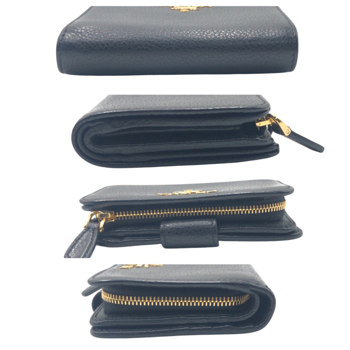 16034
PRADA プラダ ブラック 黒 ゴールド レザー 二つ折り財布 折財布 コンパクトウォレット  レディース