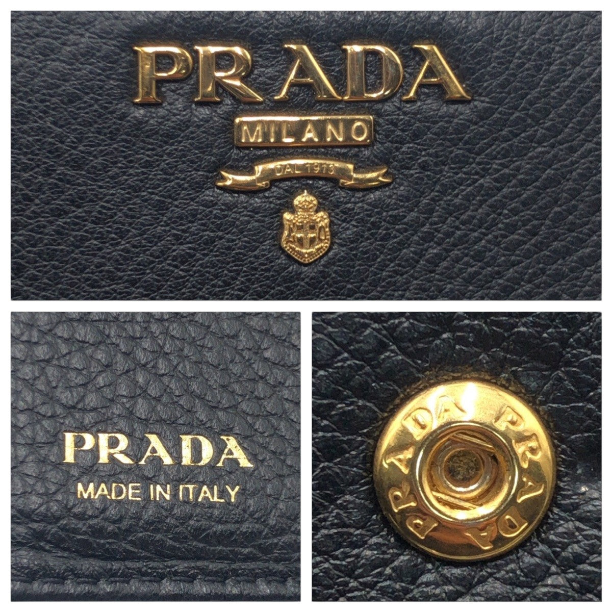 16034
PRADA プラダ ブラック 黒 ゴールド レザー 二つ折り財布 折財布 コンパクトウォレット  レディース