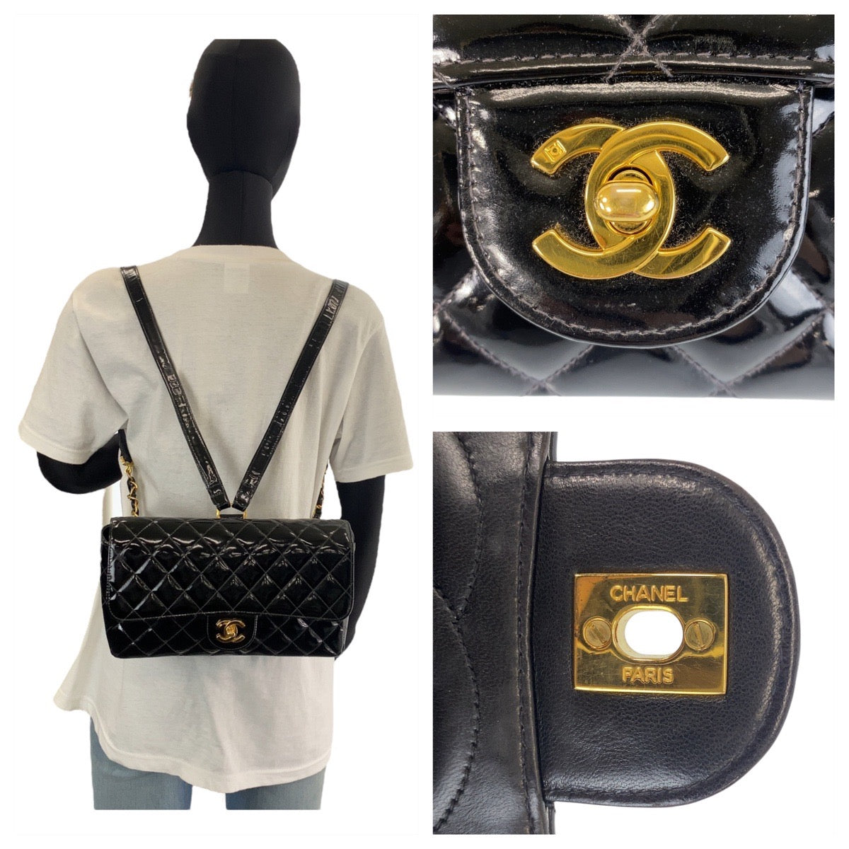 16036
CHANEL シャネル ヴィンテージ マトラッセ ココマーク ターンロック ブラック ゴールド金具 パテントレザー リュックサック バックパック レディース ABP390