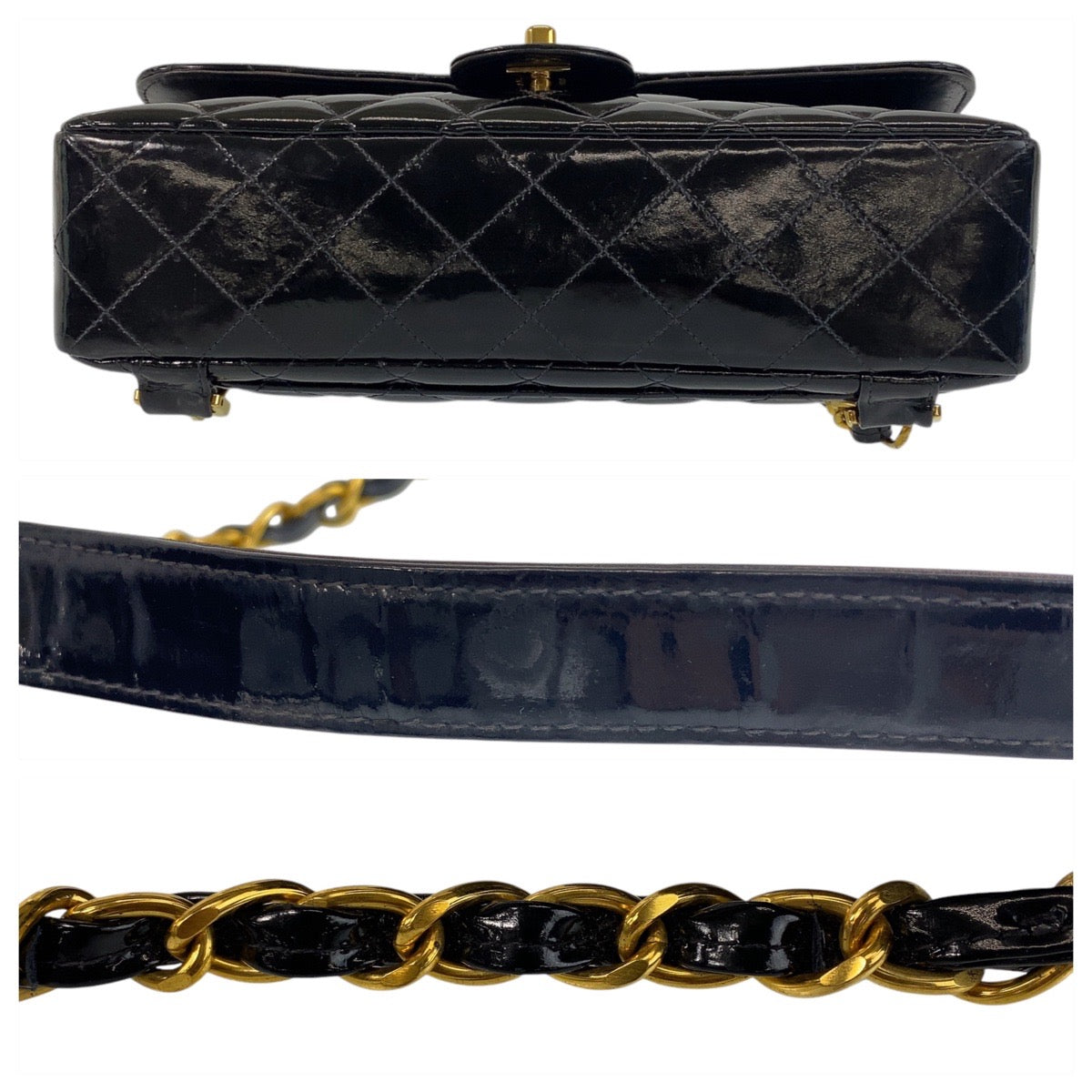 16036
CHANEL シャネル ヴィンテージ マトラッセ ココマーク ターンロック ブラック ゴールド金具 パテントレザー リュックサック バックパック レディース ABP390