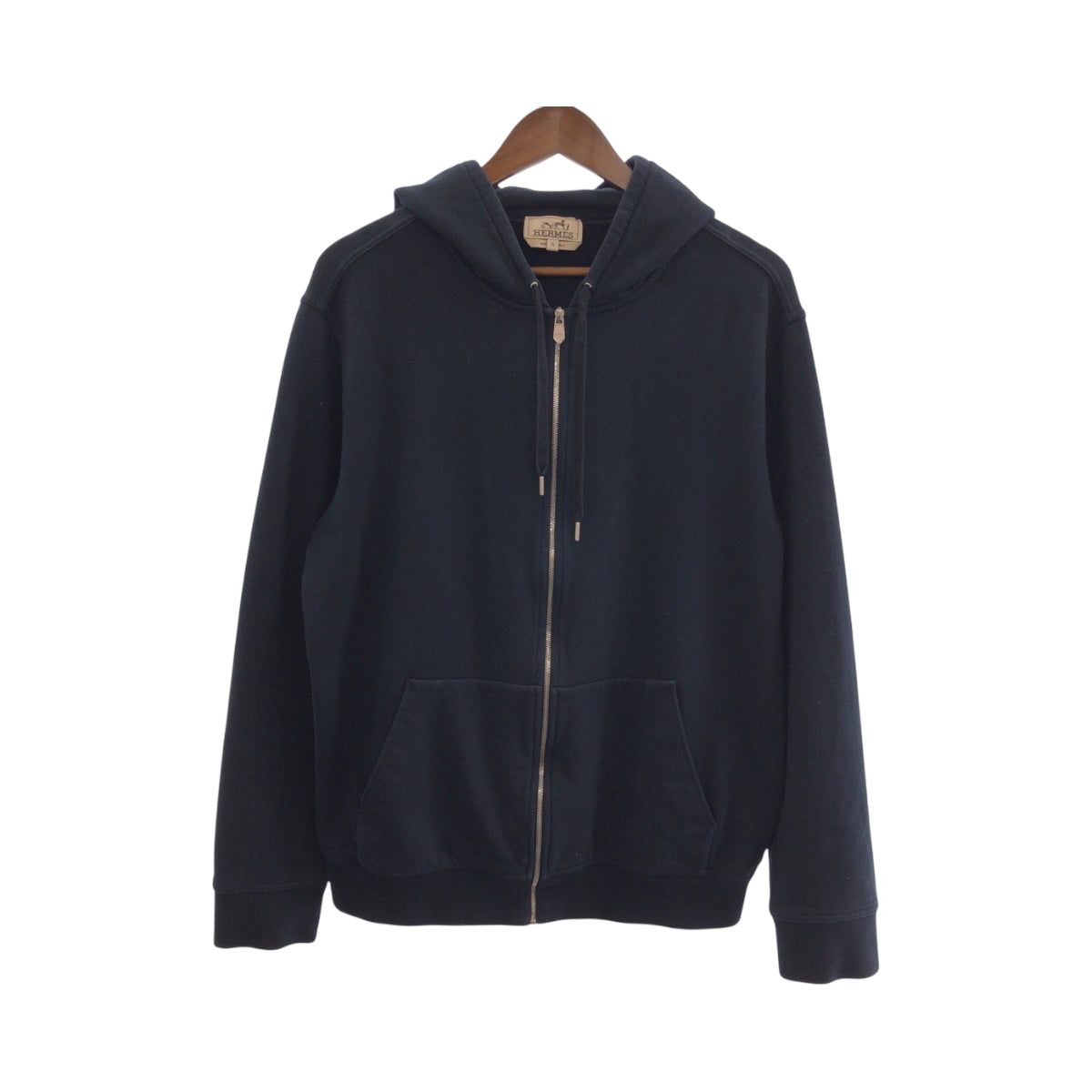 16038
HERMES エルメス サイズXL ネイビー ブラウン シルバー金具 コットン パーカー フーディー  レディース AB40