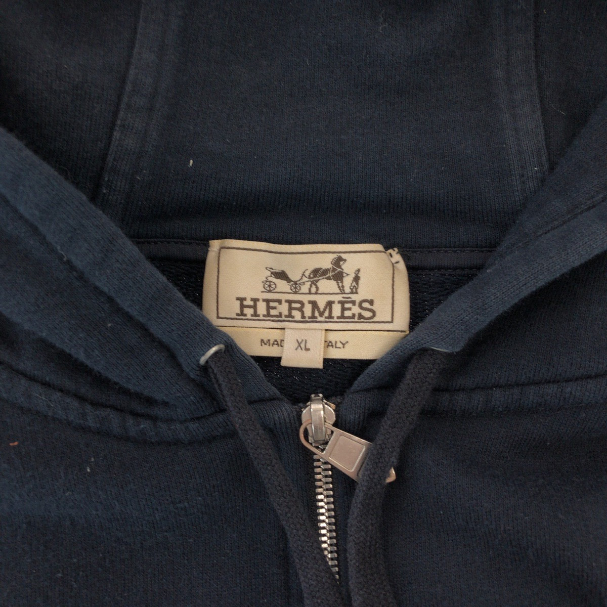 16038
HERMES エルメス サイズXL ネイビー ブラウン シルバー金具 コットン パーカー フーディー  レディース AB40