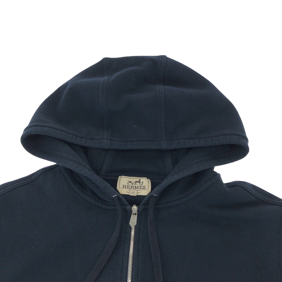 16038
HERMES エルメス サイズXL ネイビー ブラウン シルバー金具 コットン パーカー フーディー  レディース AB40