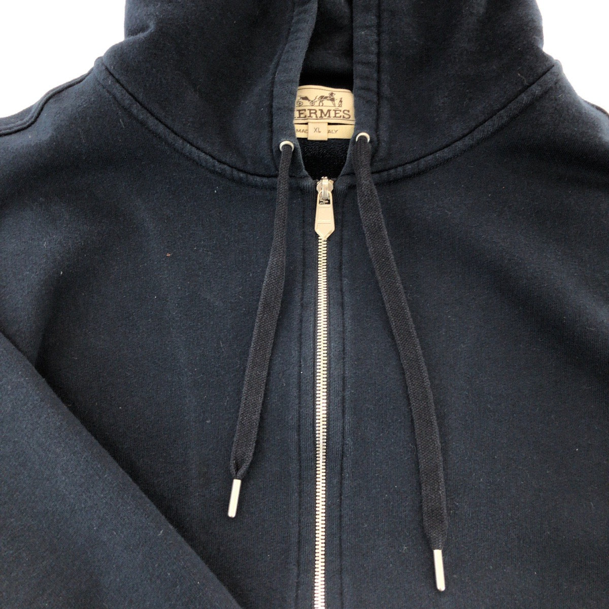 16038
HERMES エルメス サイズXL ネイビー ブラウン シルバー金具 コットン パーカー フーディー  レディース AB40