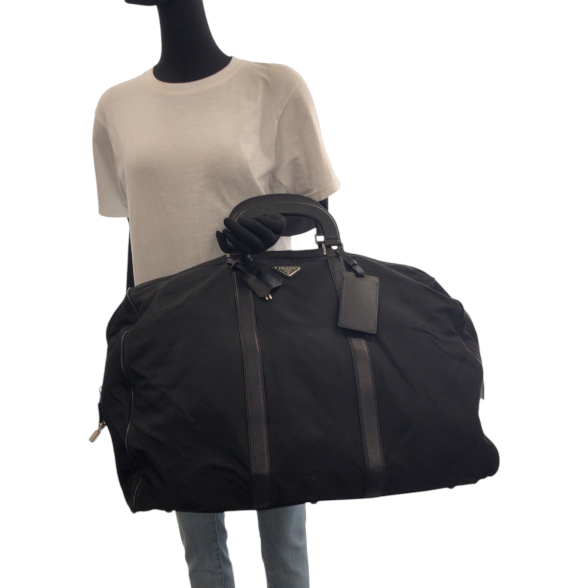 16045
PRADA プラダ テスート 三角ロゴプレート ブラック 黒 シルバー金具 ナイロン ボストンバッグ ハンドバッグ  レディース AB46