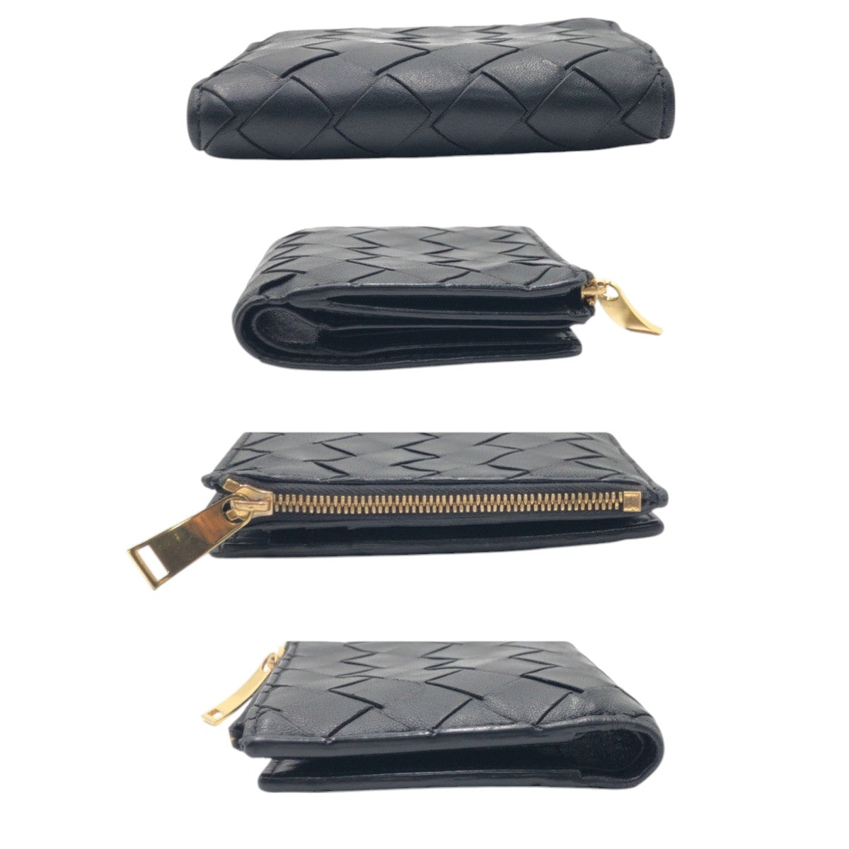 16049
BOTTEGAVENETA ボッテガヴェネタ マキシイントレチャート ブラック 黒 レザー 二つ折り財布 折り財布 コンパクトウォレット  レディース
