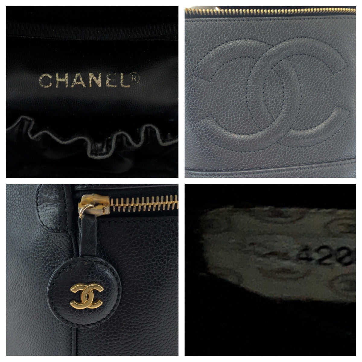 16053
CHANEL シャネル ココマーク ブラック 黒 ゴールド金具 キャビアスキン ハンドバッグ バニティポーチ  レディース AB63