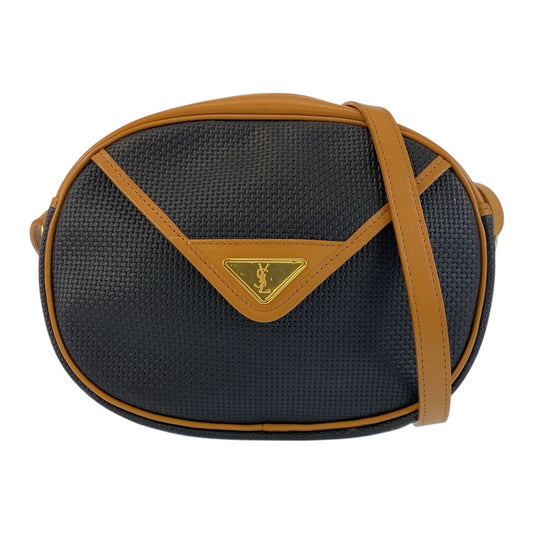 16076
YVES SAINT LAURENT イヴ サンローラン ヴィンテージ YSL ブラック キャメル ゴールド金具 PVC / レザー ショルダーバッグ ポシェット  レディース A33
