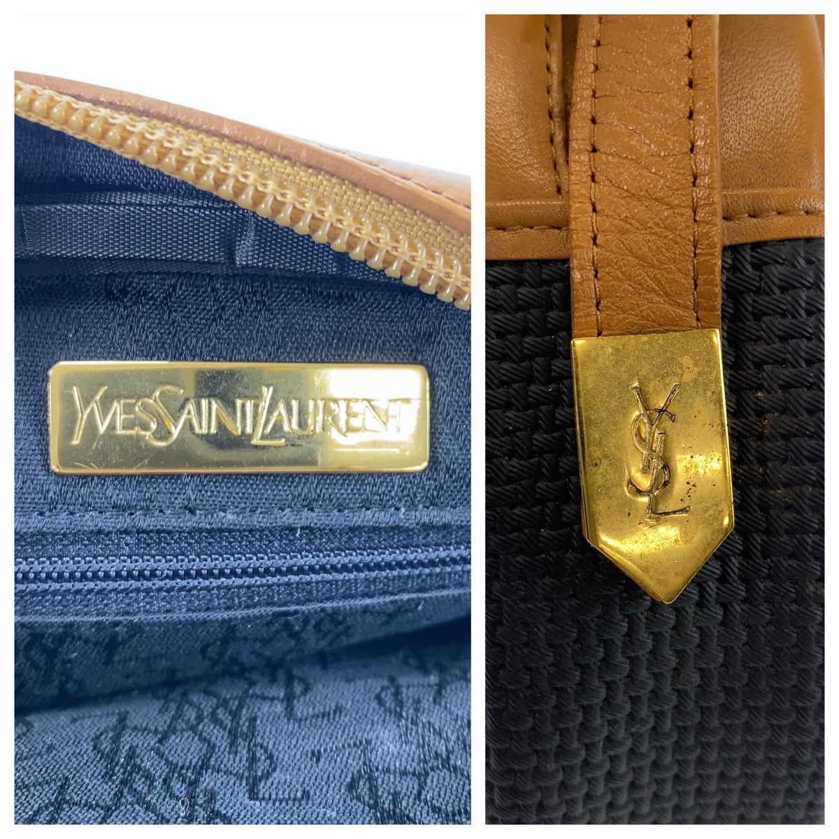 16076
YVES SAINT LAURENT イヴ サンローラン ヴィンテージ YSL ブラック キャメル ゴールド金具 PVC / レザー ショルダーバッグ ポシェット  レディース A33