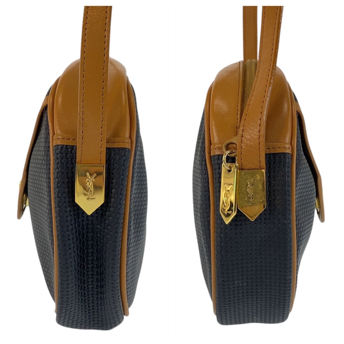 16076
YVES SAINT LAURENT イヴ サンローラン ヴィンテージ YSL ブラック キャメル ゴールド金具 PVC / レザー ショルダーバッグ ポシェット  レディース A33