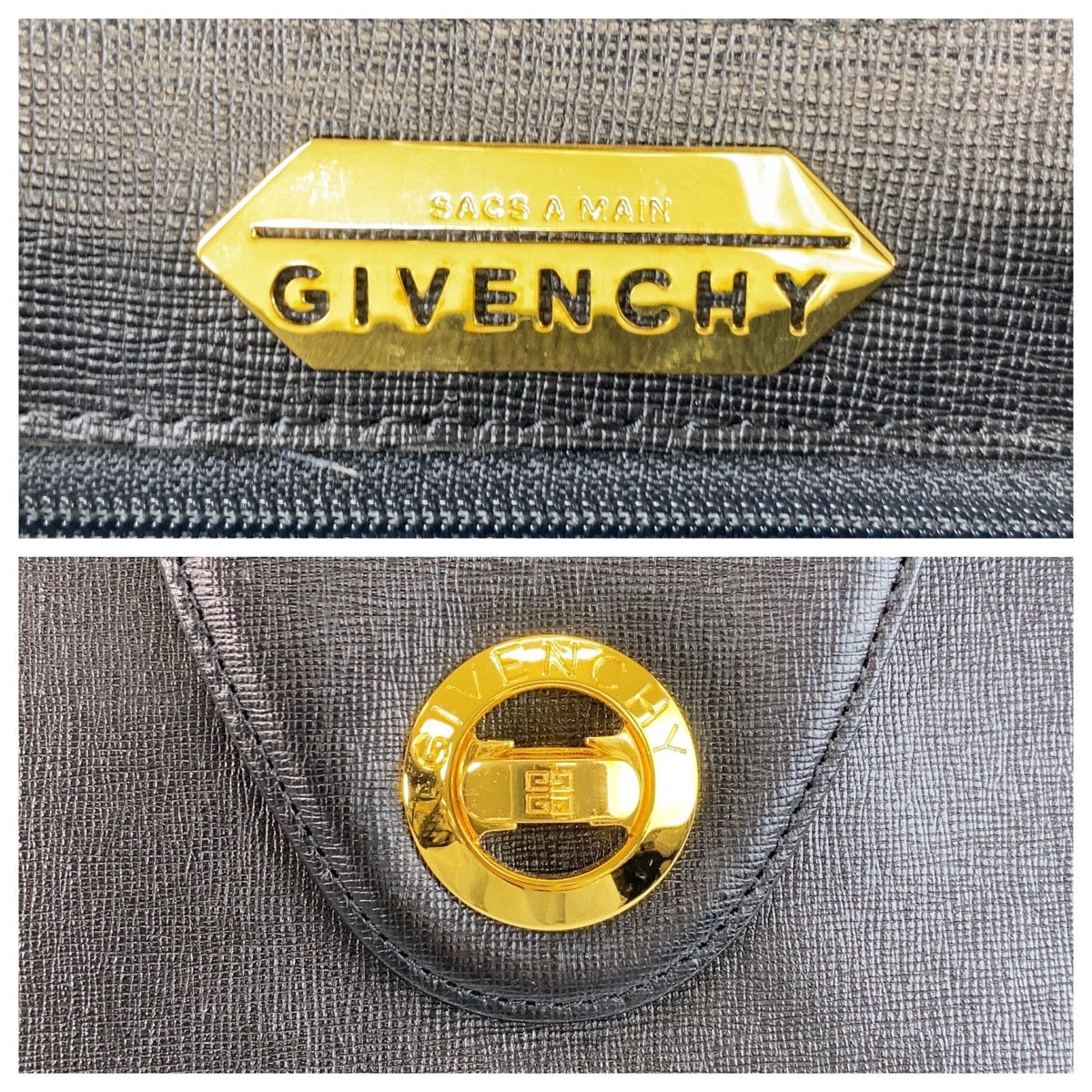 16089
GIVENCHY ジバンシィ ヴィンテージ サークルロゴ ブラック 黒 ゴールド金具 レザー ハンドバッグ  レディース A38