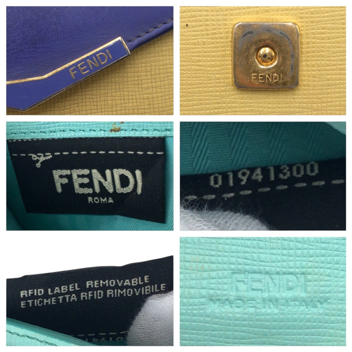 16092
FENDI フェンディ イエロー パープル ターコイズ レザー 三つ折り財布 折り財布 コンパクトウォレット  レディース