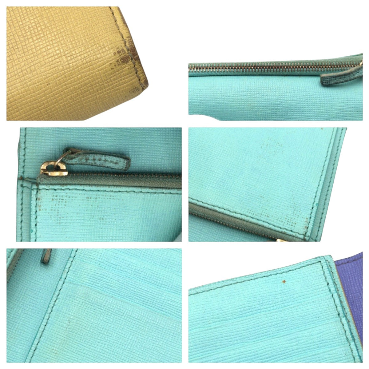 16092
FENDI フェンディ イエロー パープル ターコイズ レザー 三つ折り財布 折り財布 コンパクトウォレット  レディース