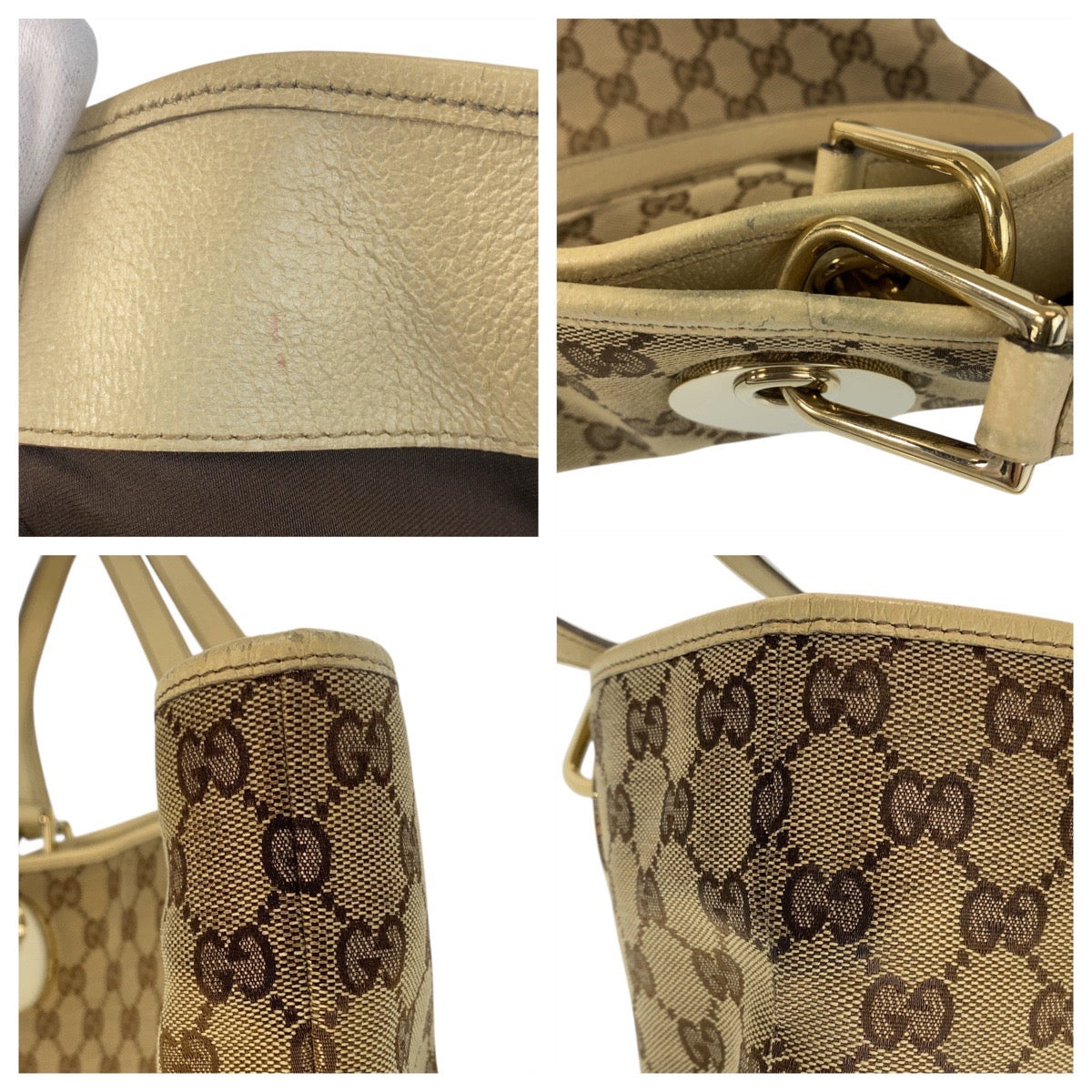 16096
GUCCI グッチ ベージュ ホワイト ゴールド金具 GGキャンバス / レザー 120835 トートバッグ ショルダーバッグ  レディース ABP29