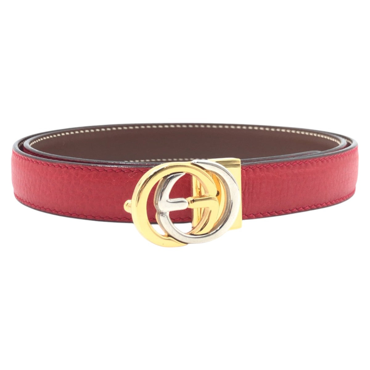 16115
GUCCI グッチ GGロゴ レッド ゴールド レザー / メタル ベルト  レディース A22