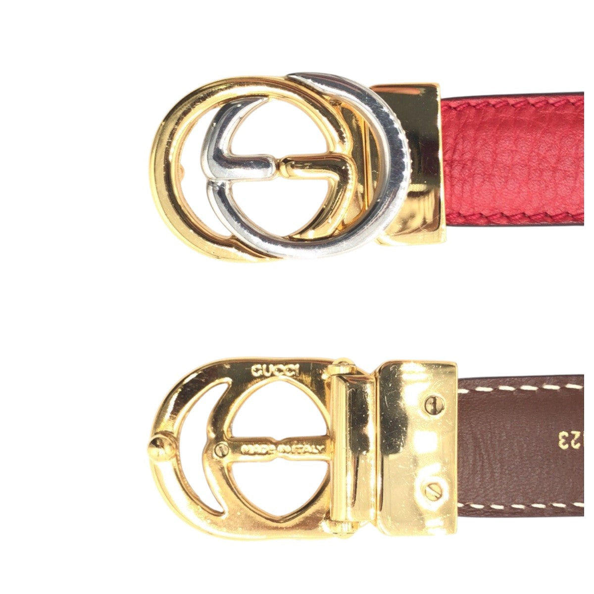 16115
GUCCI グッチ GGロゴ レッド ゴールド レザー / メタル ベルト  レディース A22
