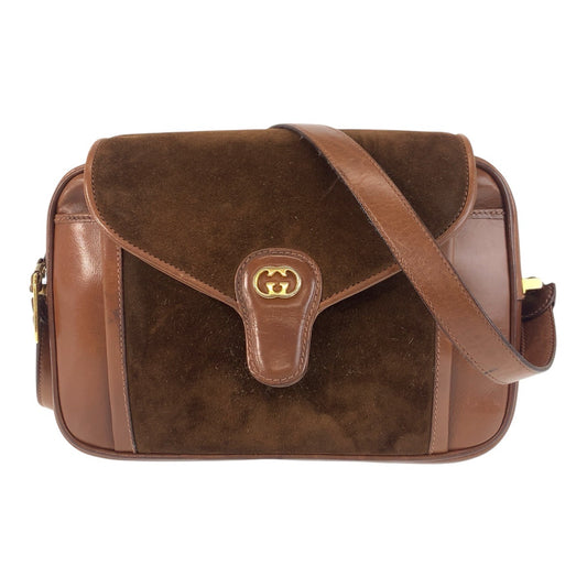 16194
GUCCI グッチ ヴィンテージ オールドグッチ ブラウン ゴールド金具 スウェード / レザー ショルダーバッグ ポシェット  レディース ABP38