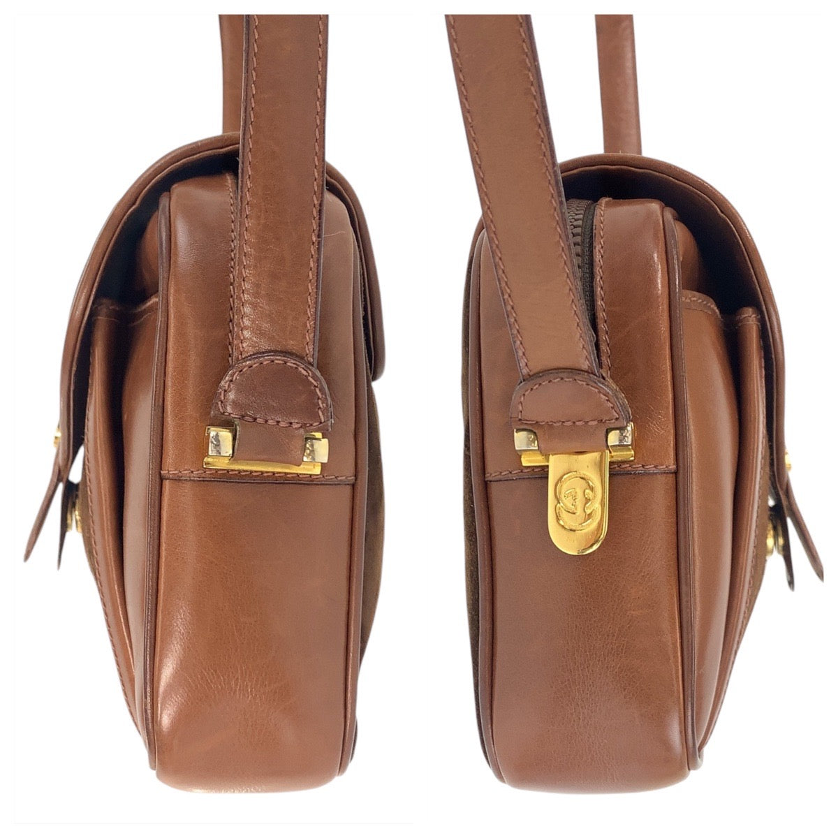 16194
GUCCI グッチ ヴィンテージ オールドグッチ ブラウン ゴールド金具 スウェード / レザー ショルダーバッグ ポシェット  レディース ABP38