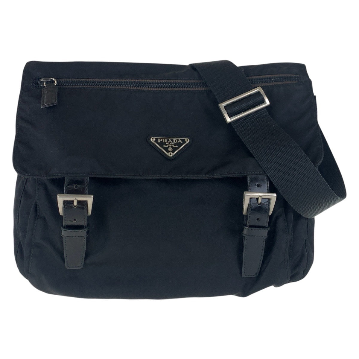 16203
PRADA プラダ テスート 三角ロゴプレート ブラック 黒 シルバー金具 ナイロン / レザー ショルダーバッグ ポシェット  レディース ABP35