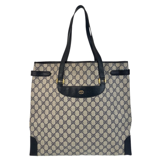 16207
GUCCI グッチ ヴィンテージ オールドグッチ グレー ネイビー ゴールド金具 GGスプリームキャンバス / レザー 39 02 061 トートバッグ ショルダーバッグ  レディース