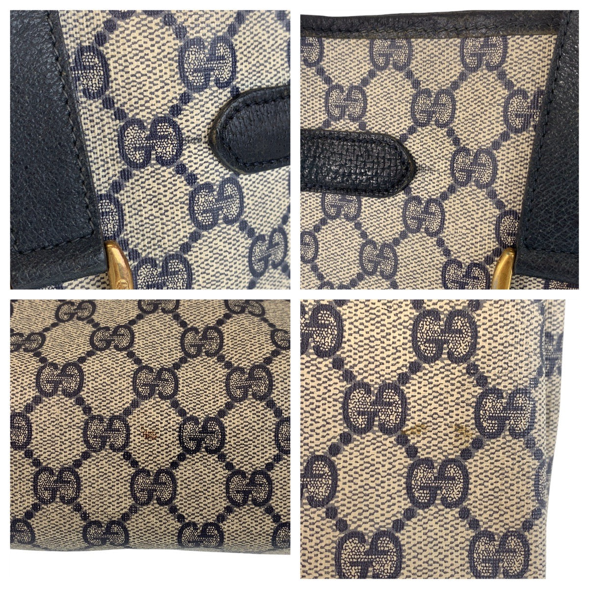 16207
GUCCI グッチ ヴィンテージ オールドグッチ グレー ネイビー ゴールド金具 GGスプリームキャンバス / レザー 39 02 061 トートバッグ ショルダーバッグ  レディース
