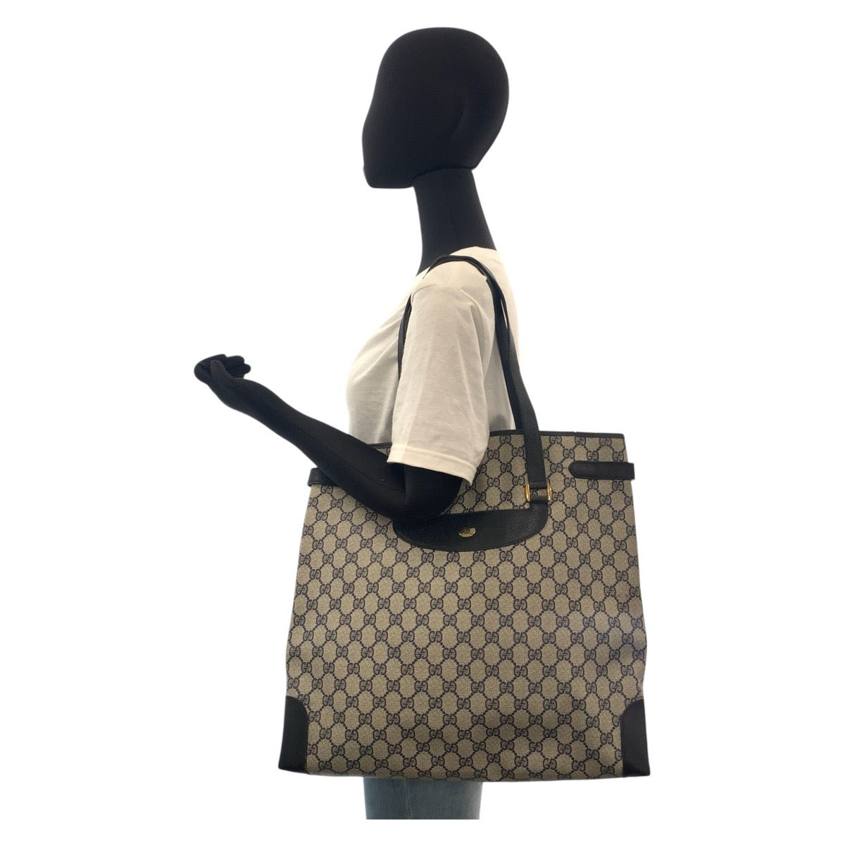 16207
GUCCI グッチ ヴィンテージ オールドグッチ グレー ネイビー ゴールド金具 GGスプリームキャンバス / レザー 39 02 061 トートバッグ ショルダーバッグ  レディース
