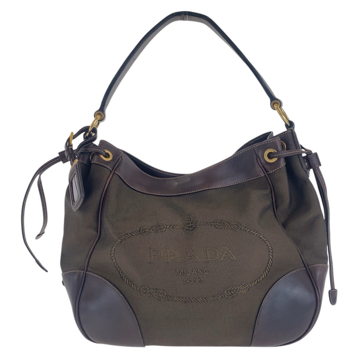 16216
PRADA プラダ ロゴジャガード ブラウン ゴールド金具 キャンバス / レザー ショルダーバッグ  レディース AB30
