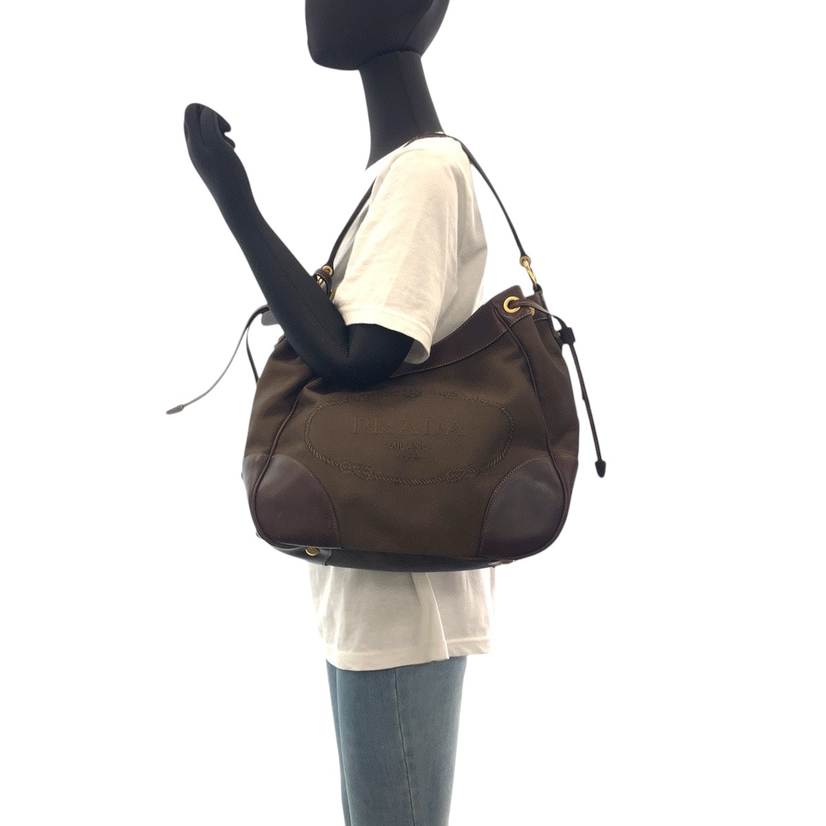 16216
PRADA プラダ ロゴジャガード ブラウン ゴールド金具 キャンバス / レザー ショルダーバッグ  レディース AB30