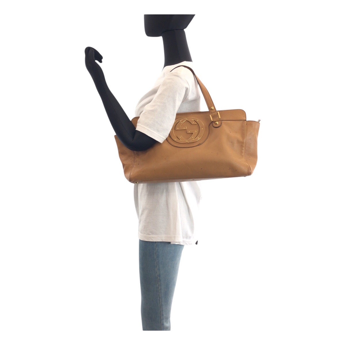 16218
GUCCI グッチ インターロッキングG ブロンディ スタッズ ブラウン ゴールド金具 レザー 121551 トートバッグ ハンドバッグ  レディース B16