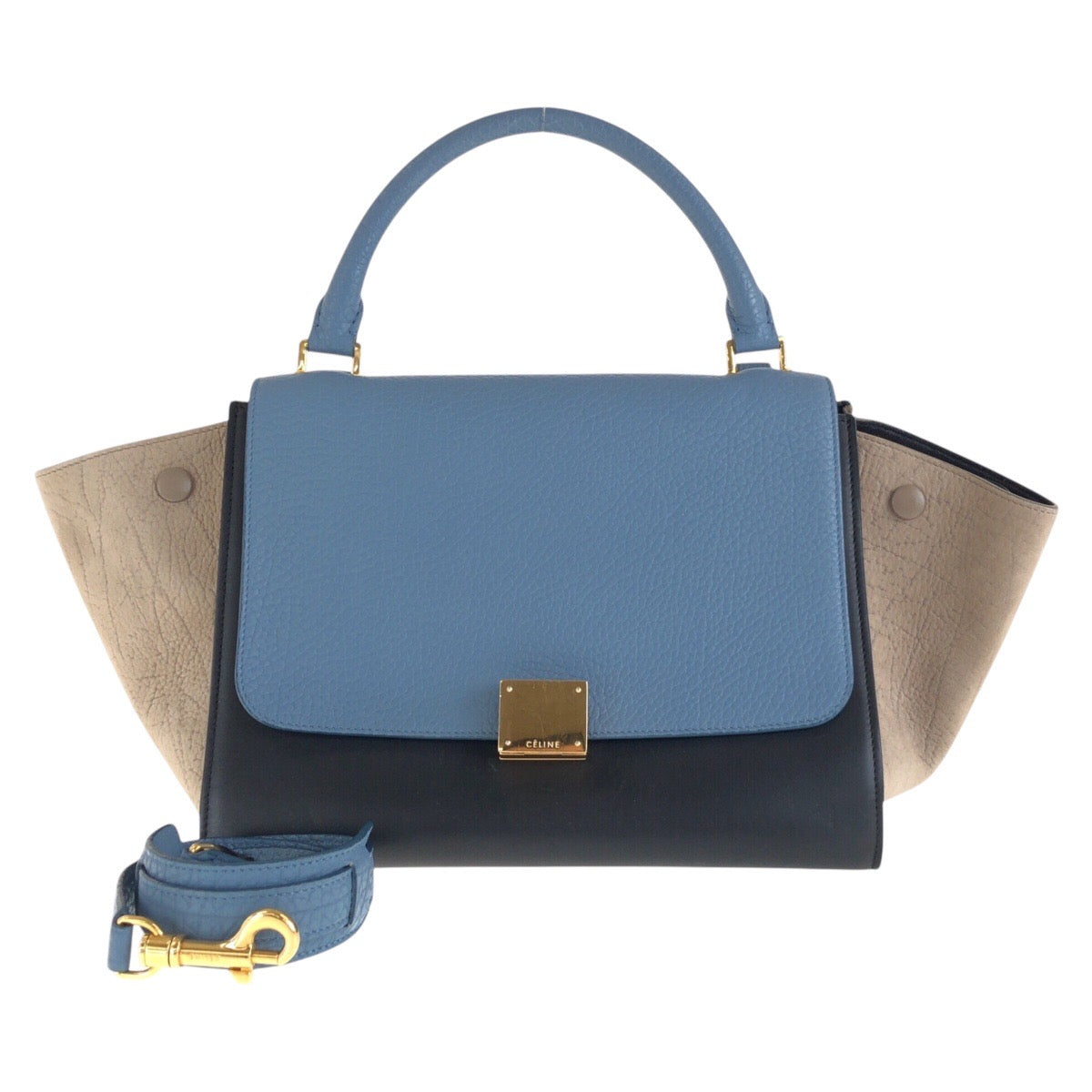 16220
CELINE セリーヌ トラペーズ ブルー ブラック ベージュ ゴールド金具 レザー ハンドバッグ ショルダーバッグ ２way レディース A48