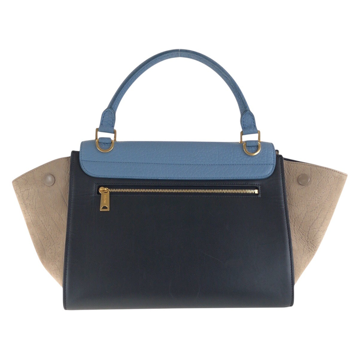 16220
CELINE セリーヌ トラペーズ ブルー ブラック ベージュ ゴールド金具 レザー ハンドバッグ ショルダーバッグ ２way レディース A48