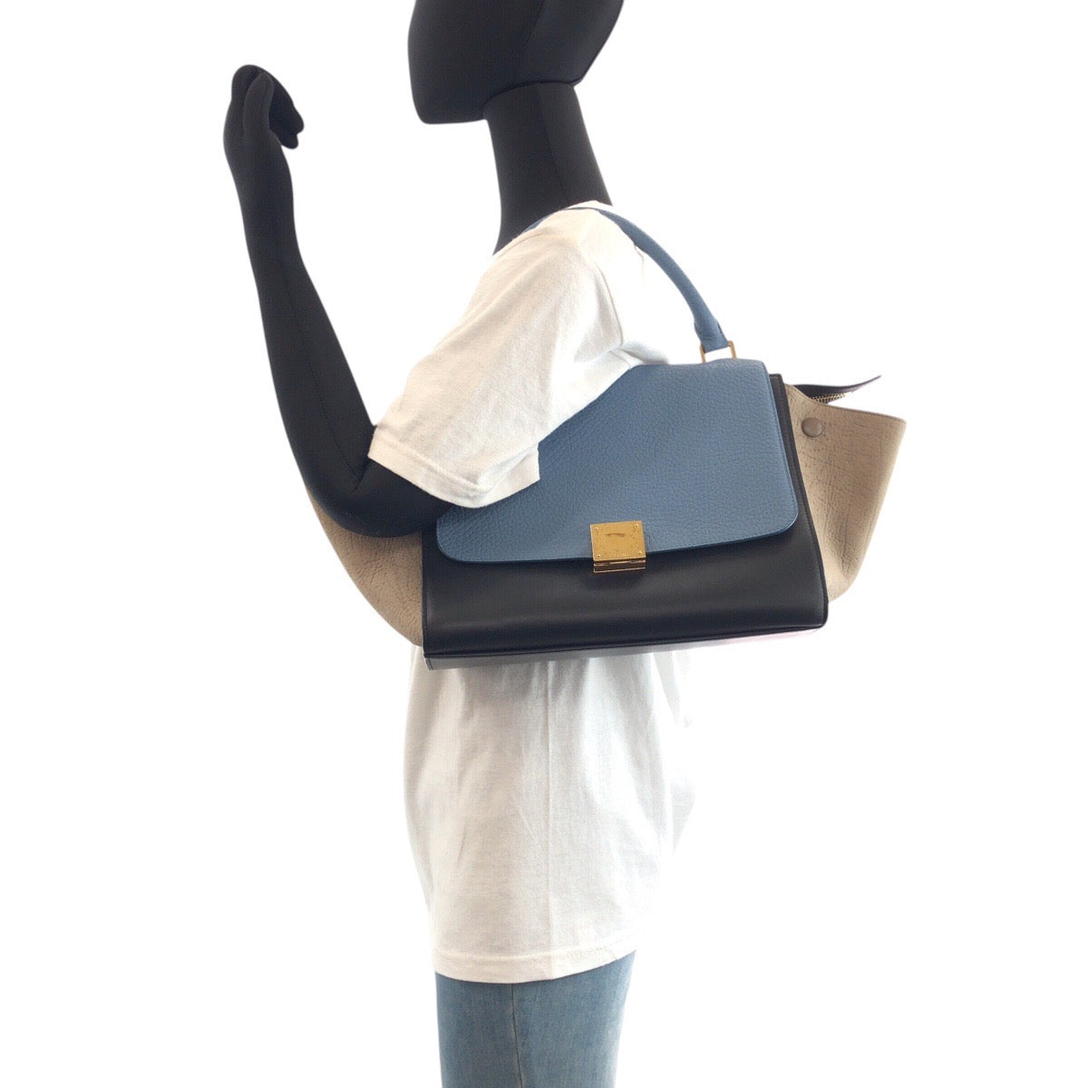 16220
CELINE セリーヌ トラペーズ ブルー ブラック ベージュ ゴールド金具 レザー ハンドバッグ ショルダーバッグ ２way レディース A48