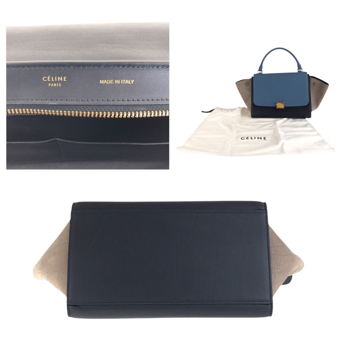 16220
CELINE セリーヌ トラペーズ ブルー ブラック ベージュ ゴールド金具 レザー ハンドバッグ ショルダーバッグ ２way レディース A48