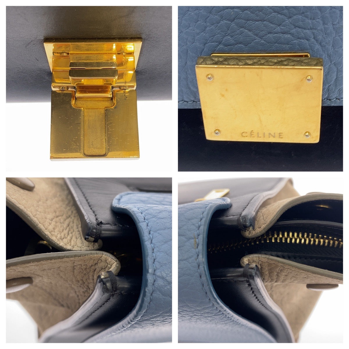 16220
CELINE セリーヌ トラペーズ ブルー ブラック ベージュ ゴールド金具 レザー ハンドバッグ ショルダーバッグ ２way レディース A48