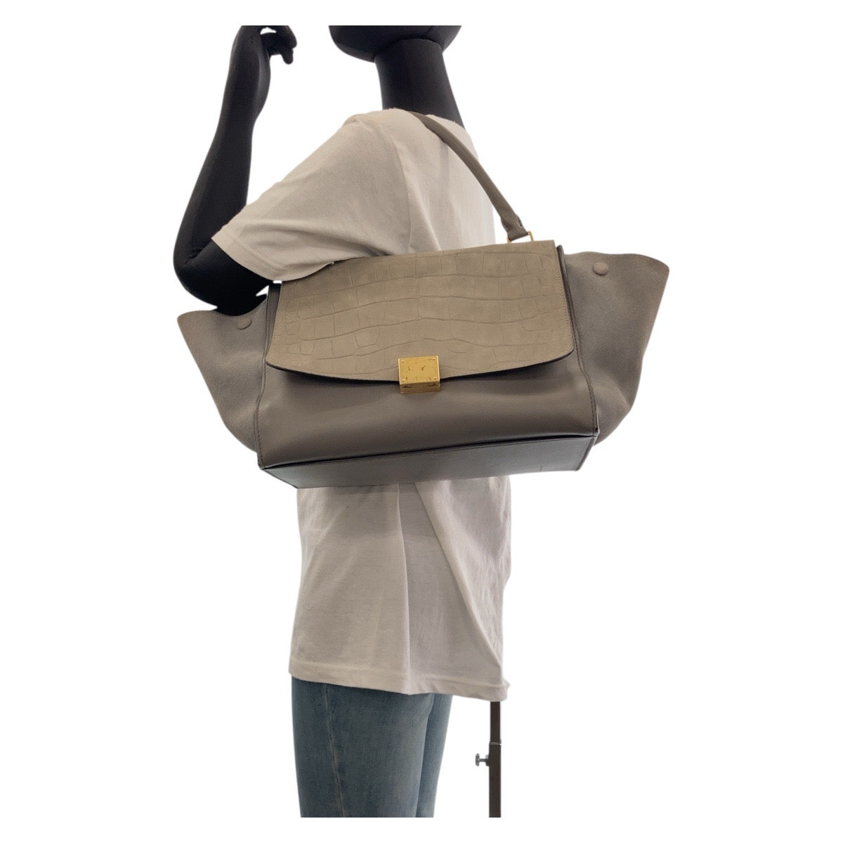 16221
CELINE セリーヌ 型押し トラペーズ ミディアム グレー ゴールド金具 レザー / スウェード ハンドバッグ ショルダーバッグ 2way  レディース ABP62