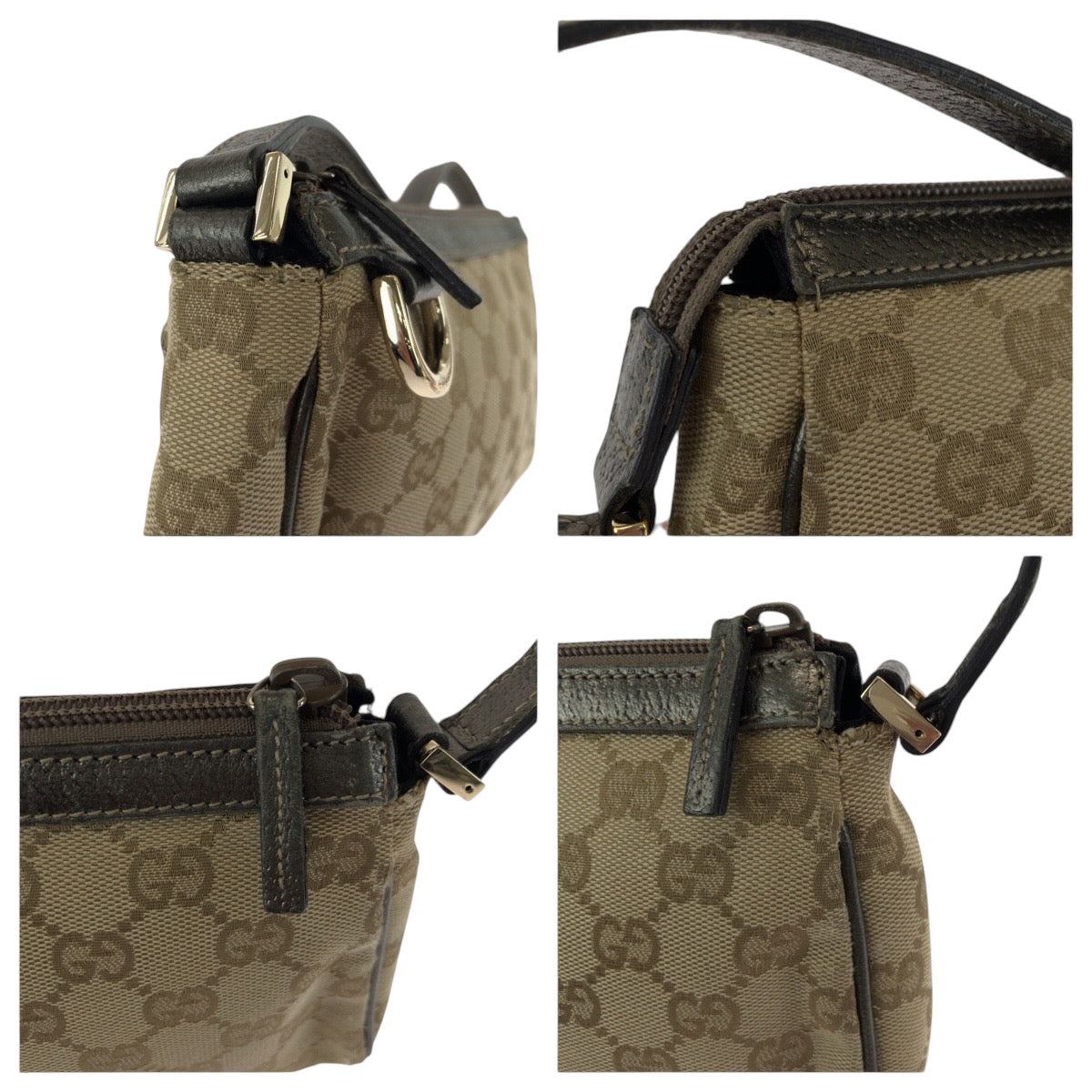16225
GUCCI グッチ ブラウン メタリックカーキ グレー ゴールド金具 キャンバス 145750 ハンドバッグ アクセサリーポーチ  レディース